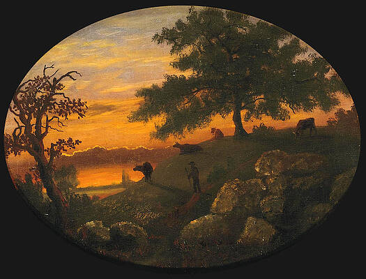 Landscape with Sunset and Herder with Cattle Print by Albert Bierstadt