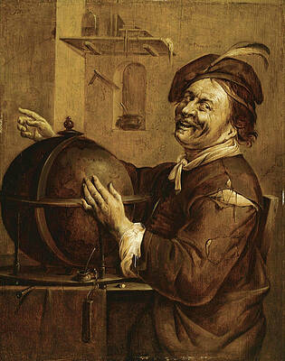 Laughing Democritus seated next to a terrestrial Globe Print by Jacob Duck