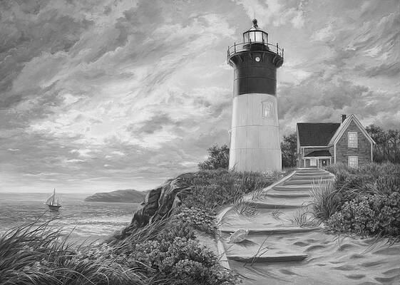 Wall Art - Painting - Lighthouse at Sunset - Black and White by Lucie Bilodeau