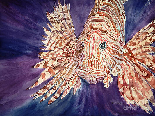 Lion Fish Painting Mounted on Wood Panel or Stretched Canvas Sign by Haiyan 