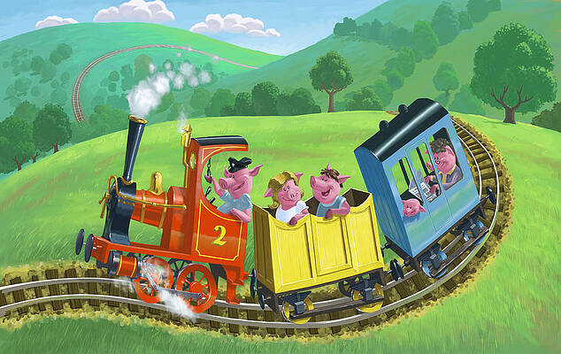 Wall Art - Painting - Little Happy Pigs On Train Journey by Martin Davey