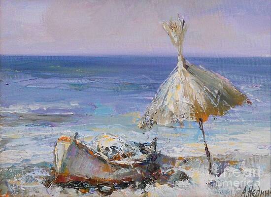 Wall Art - Painting - Lonely Boat and Umbrella  by Angelina Nedin