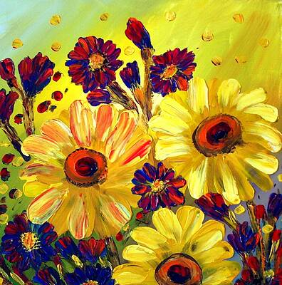 Original Oil Painting on Small Canvas, SPRING Petunia FLOWERS in White,  Yellow, Purple Colors, Art by Luiza Vizoli