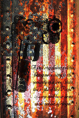 M1911 Pistol And Second Amendment On Rusted American Flag by M L C M1911 Pistol And Second Amendment On Rusted American Flag by M L C