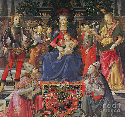 Wall Art - Painting - Madonna and Child with SS Justus, Zenobius and the Archangels Michael and Raphael by Domenico Ghirlandaio