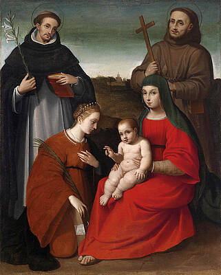 Madonna with Child Saint Catherine Saint Dominic and Saint Francis Print by Biagio Pupini