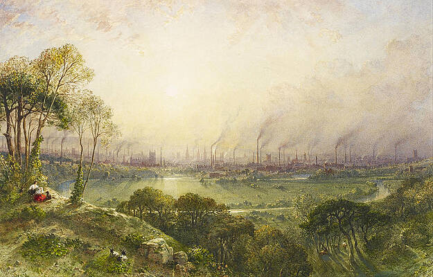 Manchester from Kersal Moor with rustic figures and goats Print by William Wyld