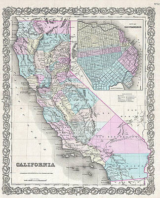 Map of California and San Francisco Print by Joseph Hutchins Colton