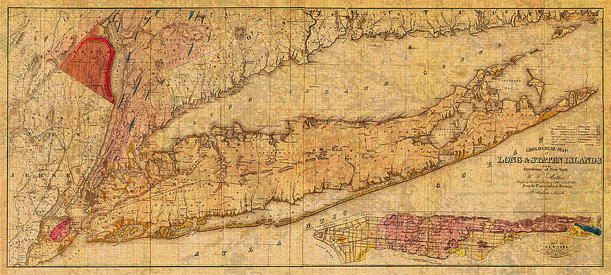 Wall Art - Mixed Media - Map of Long Island New York State in 1842 on Worn Distressed Canvas  by Design Turnpike