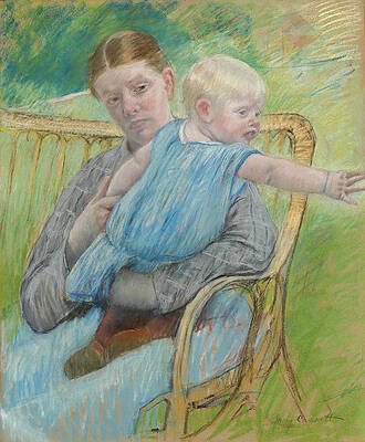 Mathilde Holding a Baby Who Reaches Out to Right Print by Mary Stevenson Cassatt