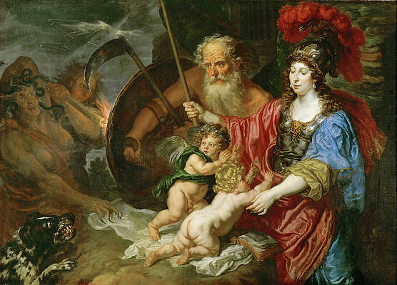 Minerva And Saturn Protecting Art And Science From Envy And Lies Print by Joachim von Sandrart