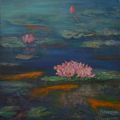 Monet Inspired Water Lilies with Gold Fish in a Pond by Amber Palomares Monet Inspired Water Lilies with Gold Fish in a Pond by Amber Palomares