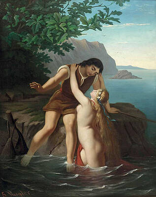 Nereid And A Young Man In A Seascape Print by Georg Kugler