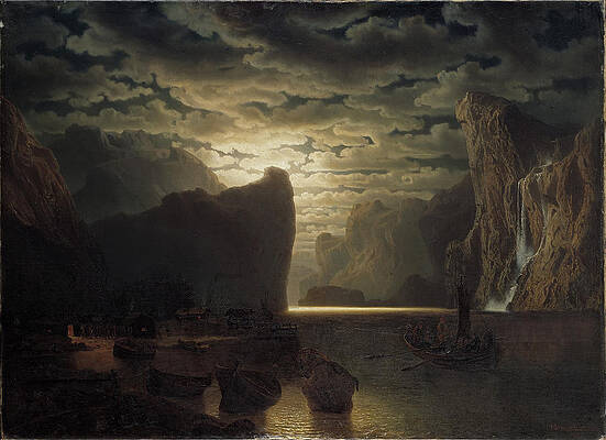 Norwegian Fjord in Moonlight. Motif from the Sogne-Fjord Print by Marcus Larson