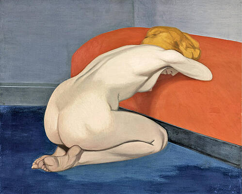 Nude Woman kneeling in Front of a Red Couch Print by Felix Vallotton