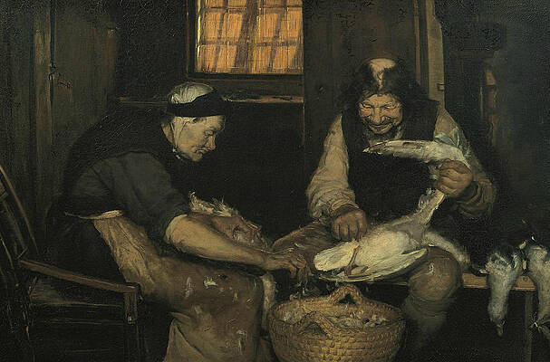 Wall Art - Painting - Old Couple Plucking Gulls. Lars Gaihede and Old Lene by Anna Ancher