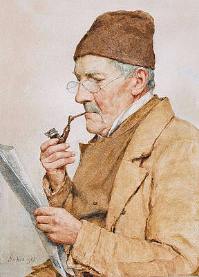 Old Pipe Smoker Reading The Seelaender Boten Print by Albert Anker