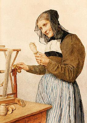 Old Woman With Spindle Print by Albert Anker