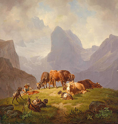 On the Alpine Pasture Print by Friedrich Voltz