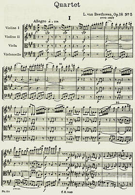 Wall Art - Drawing - Opening page of score for String Quartet Number 5 in A major by Ludwig van Beethoven