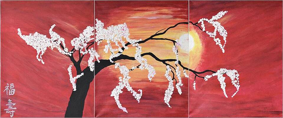 Oriental Art Cherry Blossoms Wall Art Red Sunset Modern Flower