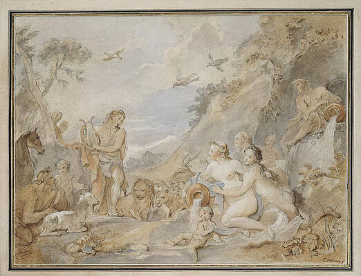 Orpheus Charming The Nymphs, Dryads, And Animals Print by Charles-Joseph Natoire