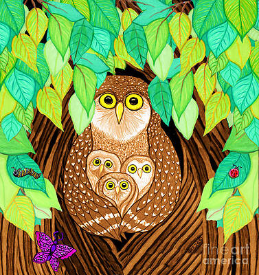 Wall Art - Drawing - Owl Family Tree by Nick Gustafson