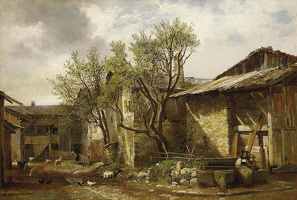 Peasant and farm with animals Print by Alexandre Calame