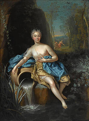 Portrait Historie of a seated lady scarcely clad and in the guise of a nymph near a source in a wood Print by Jean Raoux