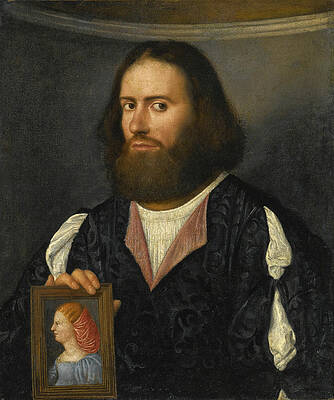 Portrait Of A Gentleman Half Length Holding A Portrait Of A Lady Print by Giovanni Cariani