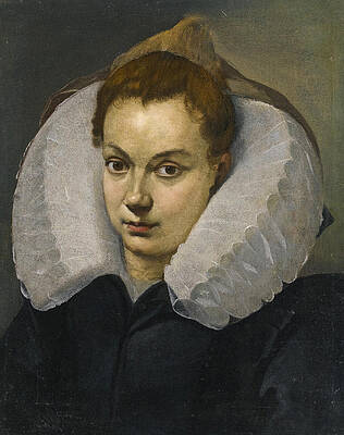 Portrait of a woman head and shoulders in a white ruff Print by Agostino Carracci