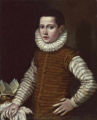 Portrait of a Young Boy half length his Hand resting on a Ledge beside an open Book Print by Gervasio Gatti