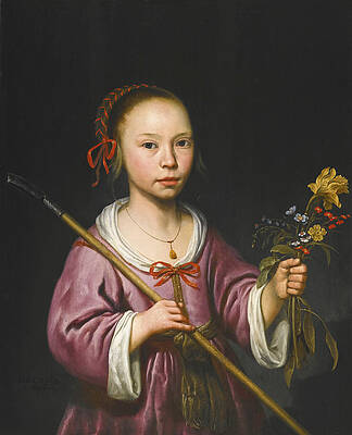 Portrait of a young girl as a Shepherdess holding a Sprig of Flowers Print by Aelbert Cuyp