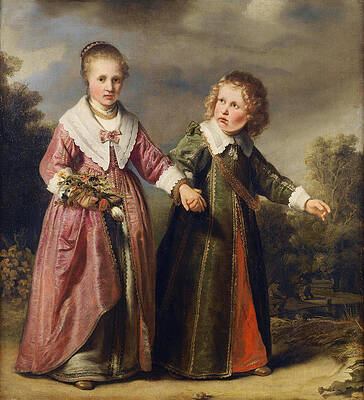 Portrait of a young girl holding a posy of flowers and a young boy in a landscape Print by Ferdinand Bol