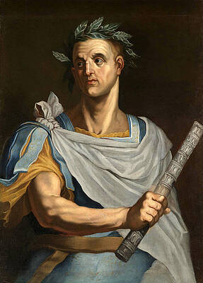 Portrait of Julius Caesar half length wearing a Laurel wreath and holding a Baton Print by Follower of Bernardino Campi