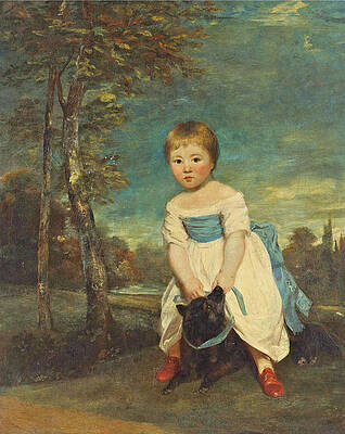 Portrait of Master William Cavendish Full-length standing astride a black dog in a landscape Print by Joshua Reynolds