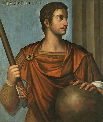 Portrait of the Emperor Augustus half length holding a Baton and resting his hand on a globe Print by Follower of Bernardino Campi