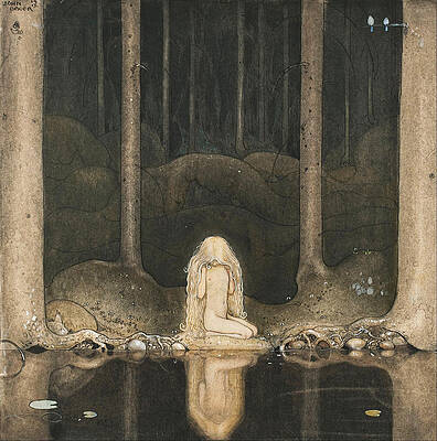 Princess Tuvstarr gazing down into the dark waters of the forest tarn Print by John Bauer