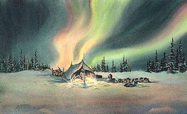 Rest For The Mushers Dog Sled Aurora Borealis Painting By Sharon