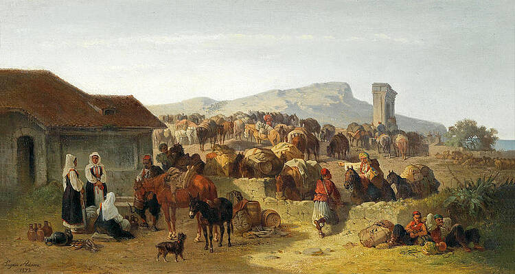 Rest of merchants on a Dalmatian coast. Mule Caravan Print by Eugen Adam