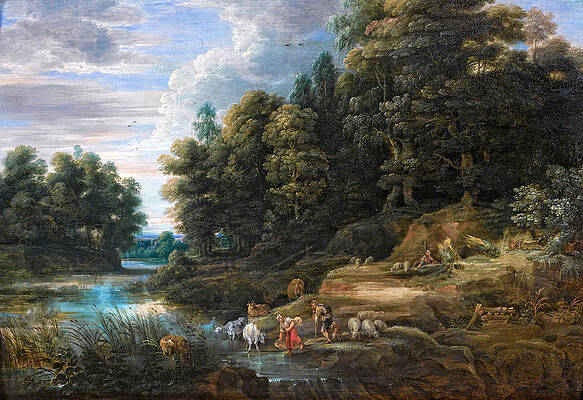 River Landscape with a herder and a woman collecting water Print by Frans Wouters
