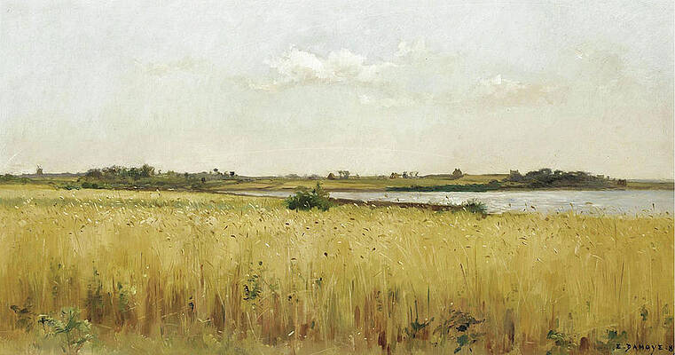 River Landscape with Cornfield Print by Pierre Emmanuel Eugene Damoye