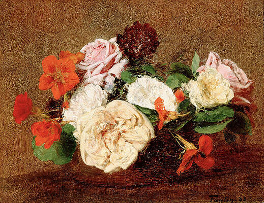 Roses and Nasturtiums in a Vase Print by Henri Fantin-Latour