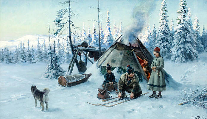 Saami Family at the Hut Print by Johan Tiren