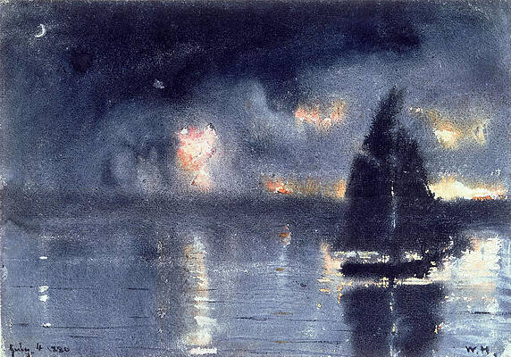 Sailboat and Fourth of July Fireworks Print by Winslow Homer