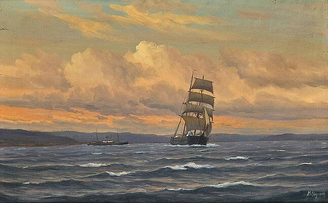 Sailboat And Steamship Print by Martin Aagaard