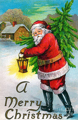Wall Art - Drawing - Santa Carrying a Christmas Tree by American School