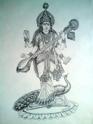 Maa Devi Saraswati - Pencil Art Drawing