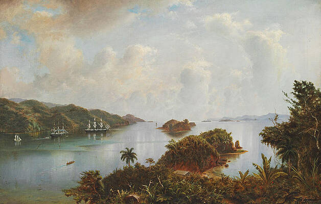 Scene from the Caribbian with ships at anchor off the coast between small islands Print by Andreas Riis Carstensen