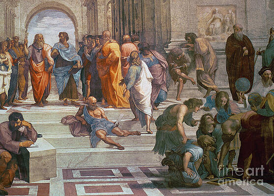 Wall Art - Painting - School of Athens, detail from right hand side showing Diogenes on the steps and Euclid by Raphael